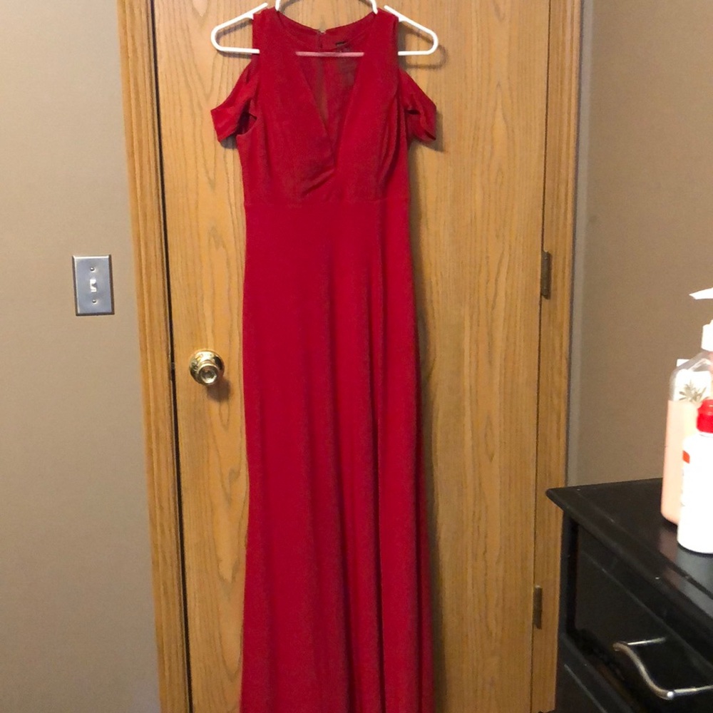 Red full length gown illusion neck line slit